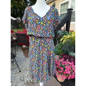 Talbots Petite Floral Flutter Sleeve Dress Navy Multi Color V-Neck Size 10P NWT
